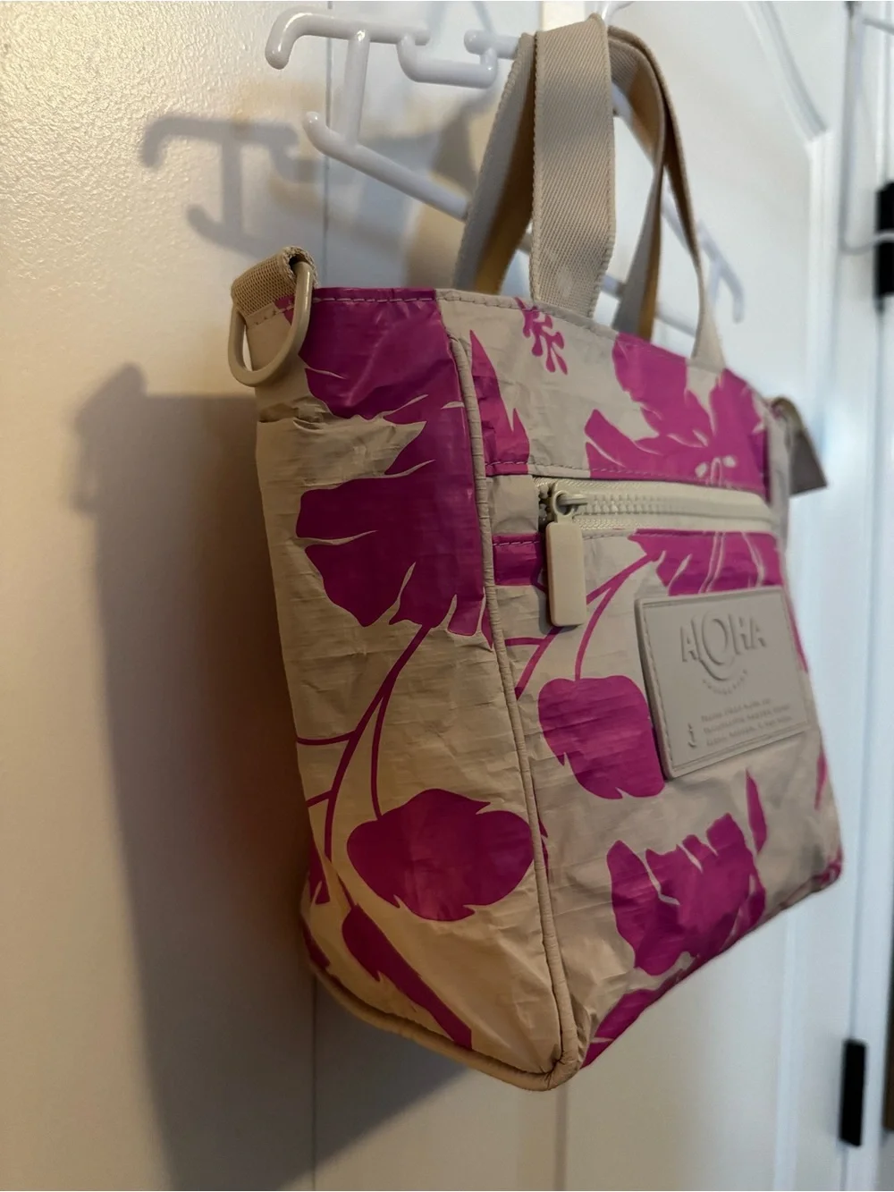 ALOHA Splash Proof Floral Tote Bag - Beige with Pink Print